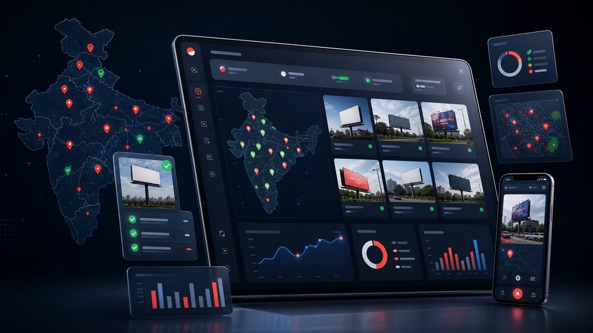 GeoProof OOH verification platform dashboard showing GPS billboard monitoring, proof of execution cards, vendor compliance, and India campaign analytics