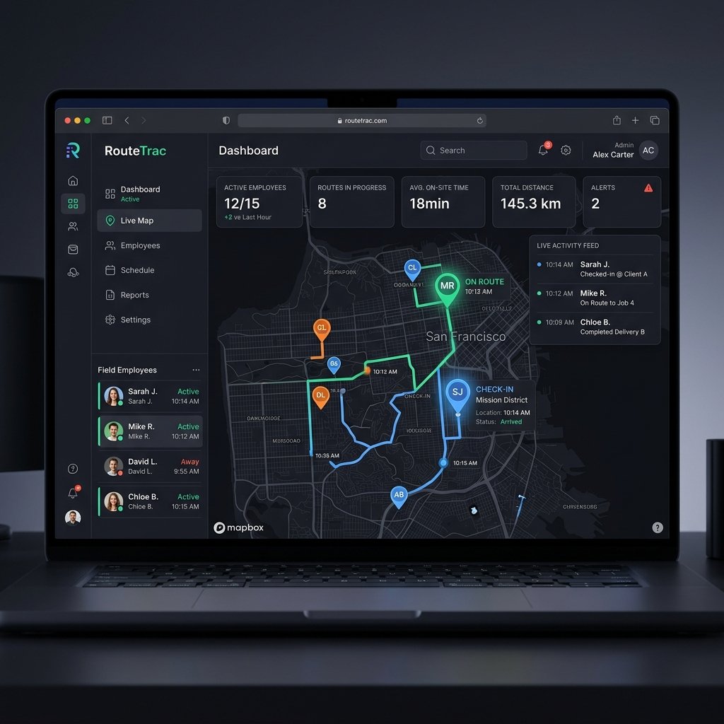 GeoProof GPS field force tracking dashboard showing employee locations, selfie attendance records, client visit maps, and work validation cards