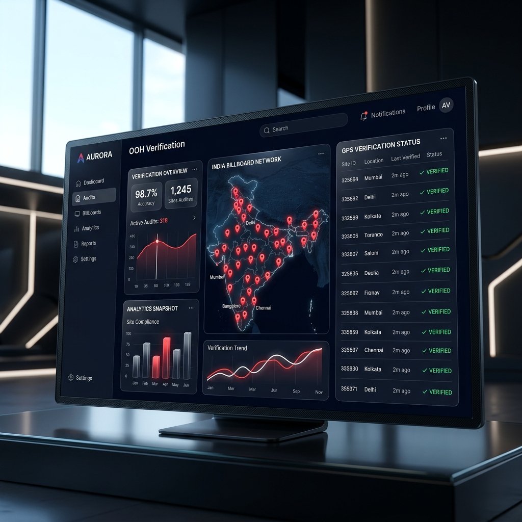 GeoProof OOH verification dashboard showing GPS-verified billboard monitoring across India