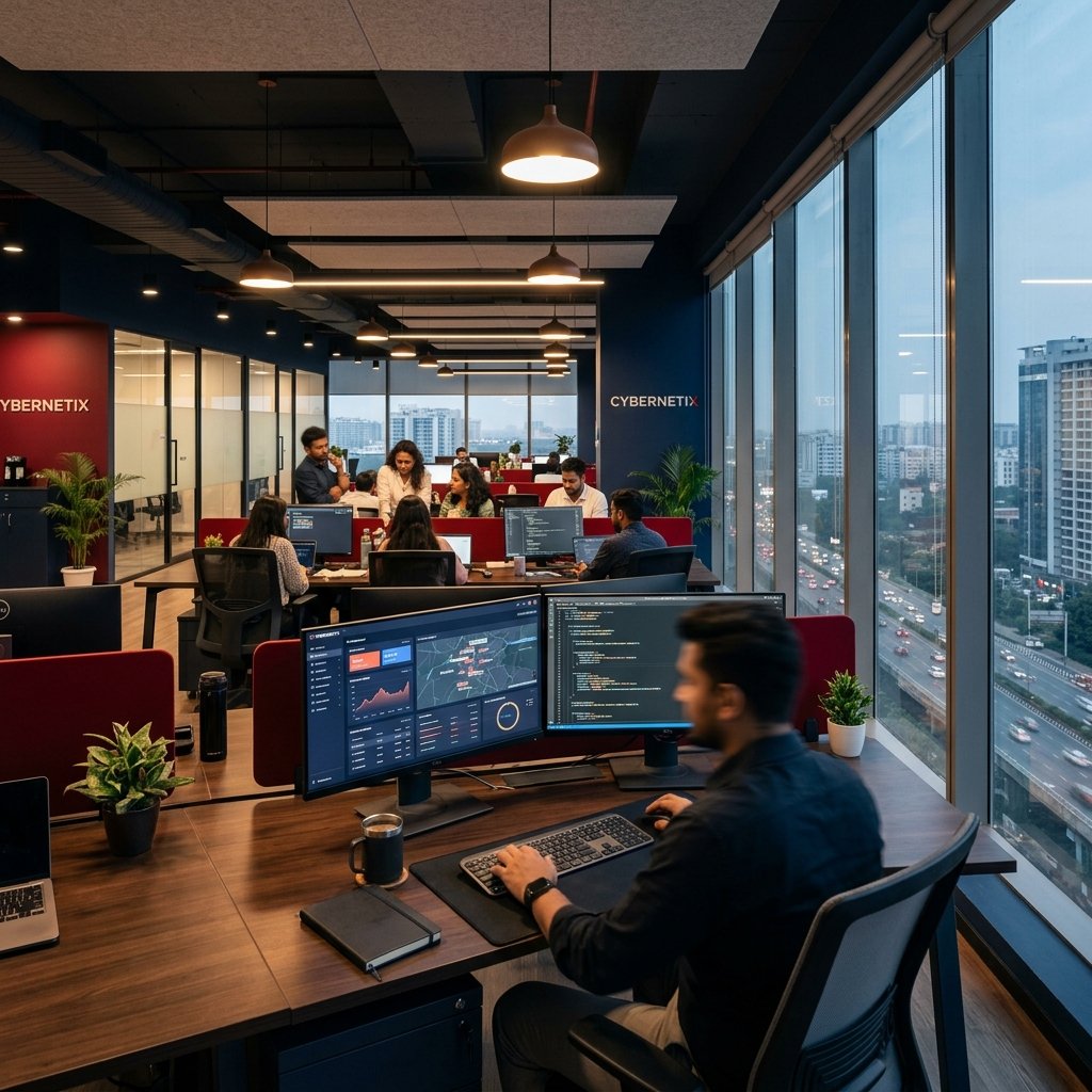 GeoProof headquarters office in Gurugram — tech team working on OOH verification platform