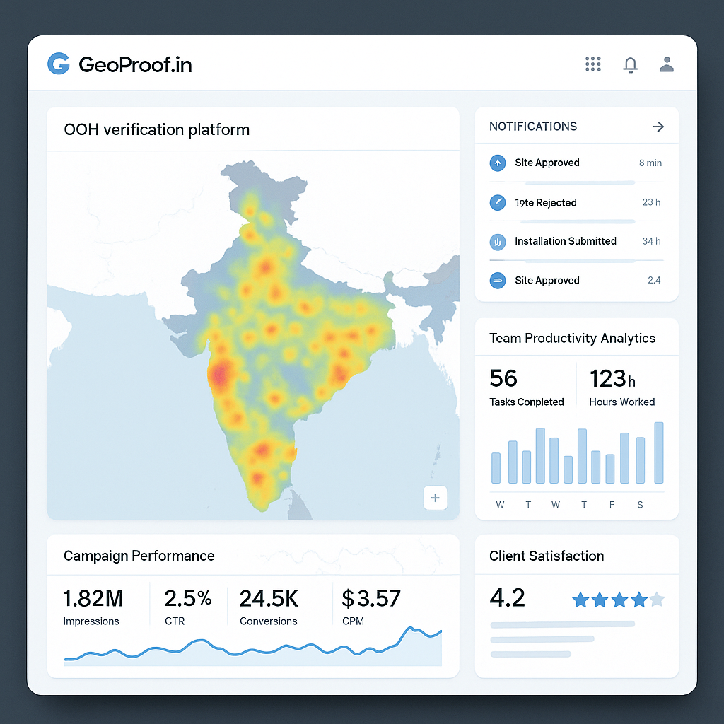 GeoProof.in Dashboard - OOH campaign monitoring interface with map view and installation tracking